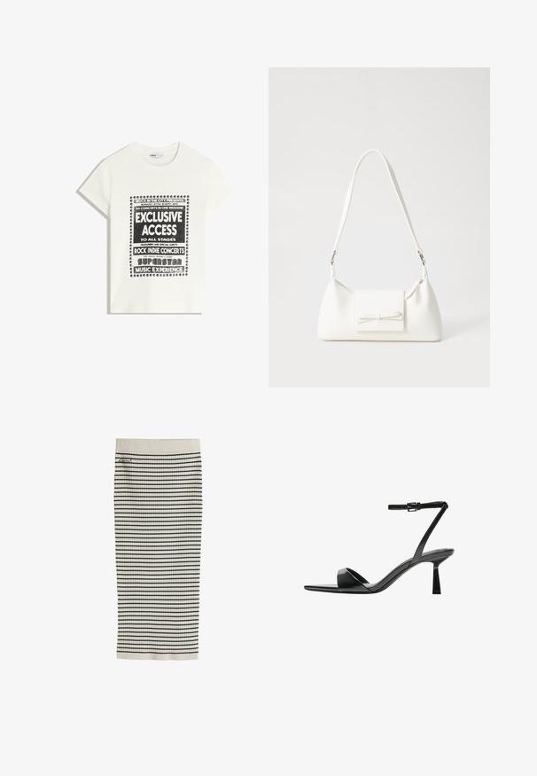 Weißes T-Shirt mit schwarzem Text zur Bewerbung eines Musikevents, mit den Aufdrucken "Exklusiver Zugang", "Rock Indie Konzerte" und "Superstar Musikerlebnis."; Cremfarbener gerippter Strickrock mit horizontalen schwarzen Streifen und einem kleinen gestickten Logo in der Nähe der Taille.; Bershka High Heel Sandalette - black; Weiße synthetische Handtasche in dreieckiger Form, flache Vorderklappe und Schleifendetail, verstellbarer Trageriemen, glatte Textur und minimalistisches Design.