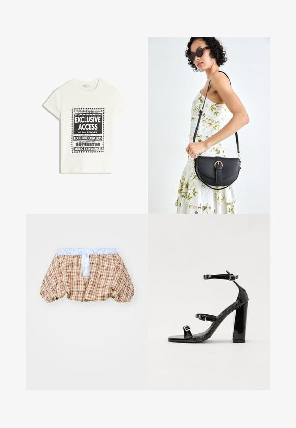 Bijela majica s crnim natpisom koja promiče glazbeni događaj, s natpisima "Ekskluzivni Pristup", "Rock Indie Koncerti" i "Superstar Glazbeno Iskustvo."; Karirani pufasti šortsevi u smešanoj, bež i crvenoj boji sa svetloplavim prugastim pojasom i dugmadi na prednjoj strani.; Crne lakirane sandale na pete sa kvadratnim nosom, trakama oko gležnja i srebrnim kopčama. Imaju čvrst blok petu za stabilnost.; Crna kožna torba s lukovitim oblikom, odvojivim remenom i zlatnim detaljima. Torba ima preklop s kopčom.