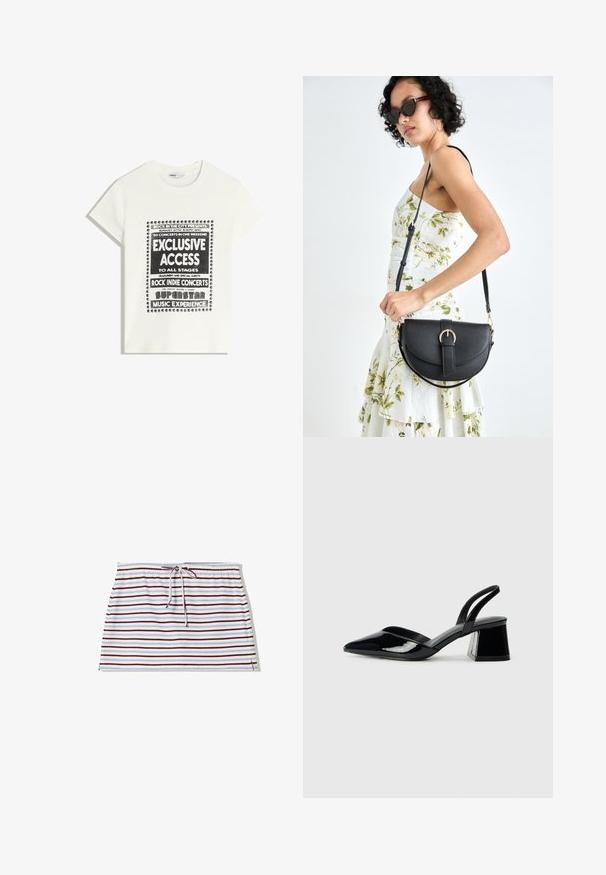 Bela majica s črnim napisom, ki promovira glasbeni dogodek, z besedami "Ekskluziven dostop," "Rock Indie koncerti" in "Superzvezdniška glasbena izkušnja."; Vertikalno prugasta suknja s elastičnim pojasom, izrađena od mekog materijala. Boje uključuju belu, burgundsku i svetlo plavu prugu.; Črne lakirane slingback pete s koničastim nosom in geometrijsko blokasto peto. Imajo eleganten, minimalističen dizajn in gladko teksturo.; Črna usnjena torbica s ukrivljeno obliko, z odstranljivo naramnico in zlatimi dodatki. Torbica ima pokrov s podrobnostmi v obliki zaponke.