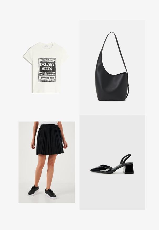 Bílý tričko s černým textem propagující hudební akci, obsahující "Exkluzivní přístup", "Rockové indie koncerty" a "Superstar hudební zážitek."; Černá skládací sukně s vysokým pasem a hladkým povrchem, doplněná černými teniskami s bílou podrážkou.; Černé lakované kožené lodičky na pásku s špičatou špičkou a geometrickým blokovým podpatkem. Vyznačují se elegantním, minimalistickým designem a hladkým povrchem.; Černá kožená hobo taška s hladkým povrchem, zakřiveným tvarem a jedním nastavitelným popruhem; má široké otevírání nahoře.