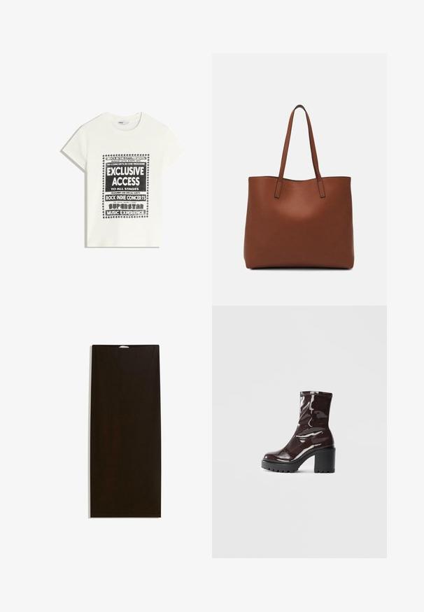 Tricou alb cu text negru care promovează un eveniment muzical, având inscripțiile "Acces Exclusiv", "Concerte Rock Indie" și "Experiența Muzicală a Superstarurilor".; Fustă din țesătură neagră cu croială dreaptă, textură netedă și talie ascunsă, fără modele suplimentare sau accesorii metalice.; Botine lucioase burgundy, cu toc gros negru, având o textură netedă și un design simplu. Fără închideri sau modele vizibile.; Geantă de umăr din piele maro cu o textură netedă, design cu vârf deschis și două curele pentru umăr. Prezintă cusături minime și fără componente metalice vizibile.