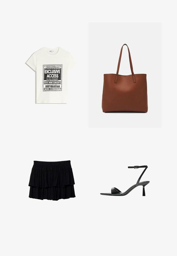 Weißes T-Shirt mit schwarzem Text zur Bewerbung eines Musikevents, mit den Aufdrucken "Exklusiver Zugang", "Rock Indie Konzerte" und "Superstar Musikerlebnis."; Schwarzer, gestufter Minirock mit Rüschendesign, aus weichem Stoff und elastischem Bund für Komfort. Fließende Textur mit geschichteten Stufen.; Bershka High Heel Sandalette - black; Braune Leder-Tote mit glatter Textur, offenem Oberteil und zwei Schulterriemen. Verfügt über minimale Nähte und keine sichtbaren Beschläge.