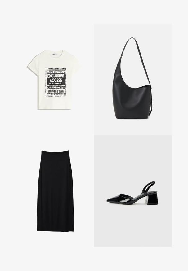 Weißes T-Shirt mit schwarzem Text zur Bewerbung eines Musikevents, mit den Aufdrucken "Exklusiver Zugang", "Rock Indie Konzerte" und "Superstar Musikerlebnis."; Schwarzer, gerader Midirock mit breitem, hohem Bund, glattem Stoff und ohne sichtbare Muster oder Verzierungen.; Schwarze Lackleder-Slingback-High Heels mit spitzem Schuh und einem geometrischen Blockabsatz. Verfügt über ein schlankes, minimalistisches Design und eine glatte Textur.; Schwarze Leder-Hobo-Tasche mit einer glatten Textur, geschwungener Form und einem einzelnen verstellbaren Tragegurt; verfügt über eine weite Öffnung am oberen Ende.