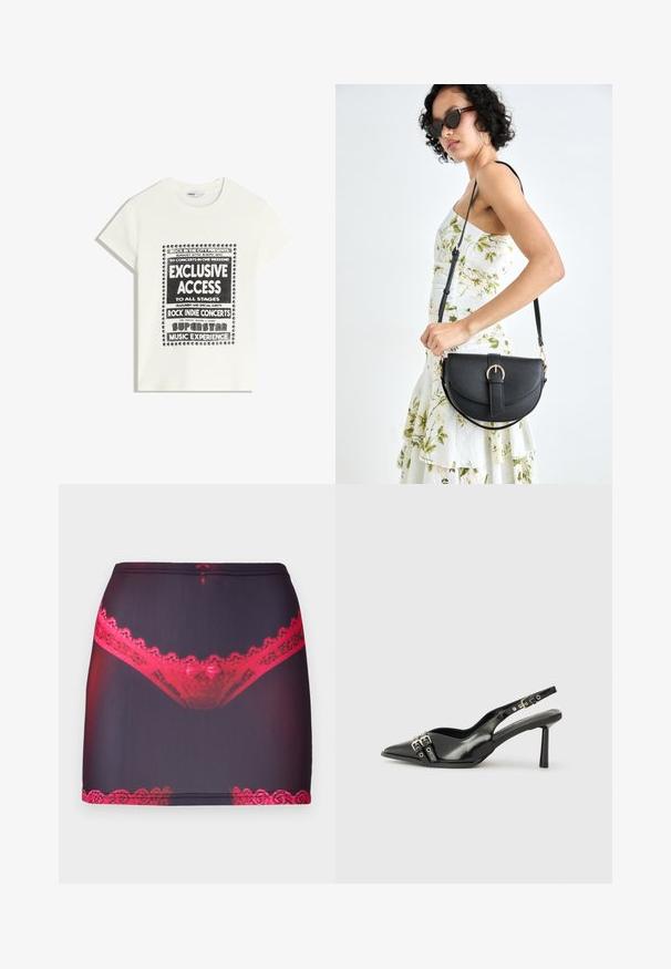 Hvid T-shirt med sort tekst, der promoverer et musikarrangement, med teksten "Eksklusiv Adgang," "Rock Indie Koncerter," og "Superstar Musikoplevelse."; Sort stof mini-nederdel med en rød blonderkant øverst og nederst, prydet med et grafisk tryk af røde blonderundertøjer foran.; Sorte patenterede læderslagback sko med spids tå, ankleremme med sølvspænder og hardware samt en slank hæl.; Sort læderhåndtaske med en buet form, aftagelig rem og guldfinish. Tasken har en klap med en spænde detalje.