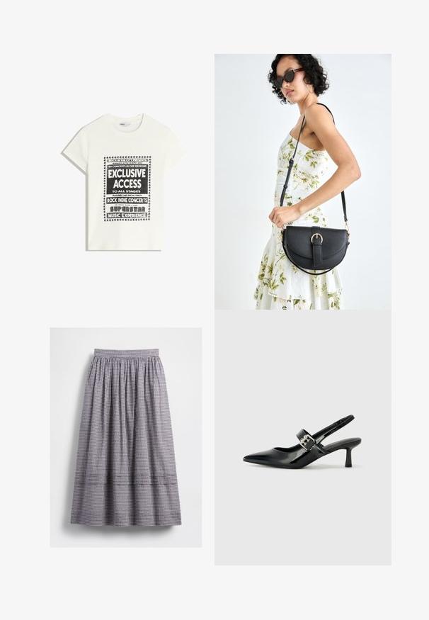 T-shirt blanche avec du texte noir promouvant un événement musical, comportant "Accès Exclusif", "Concerts Rock Indie" et "Expérience Musicale Superstar."; Jupe midi à carreaux noirs et blancs, dotée d'une ceinture élastique, d'une texture froncée, et de détails de coutures apparentes le long de l'ourlet.; Escarpins slingback en cuir verni noir avec un bout pointu et un petit talon bloc, mettant en avant un accent en boucle argentée sur la sangle.; Sac à main en cuir noir avec une forme courbée, bandoulière amovible et des accessoires en or. Le sac est doté d'un rabat avec un détail de boucle.
