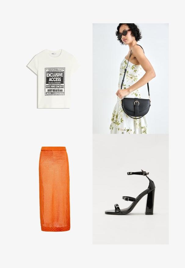 T-shirt blanche avec du texte noir promouvant un événement musical, comportant "Accès Exclusif", "Concerts Rock Indie" et "Expérience Musicale Superstar."; Jupe midi orange en tricot avec un design en maille. Dotée d'une taille ajustée et d'une finition légère et texturée.; Sandales à talons vernies noires avec un bout carré, des sangles autour de la cheville et des boucles en argent. Dotées d'un talon bloc épais pour plus de stabilité.; Sac à main en cuir noir avec une forme courbée, bandoulière amovible et des accessoires en or. Le sac est doté d'un rabat avec un détail de boucle.