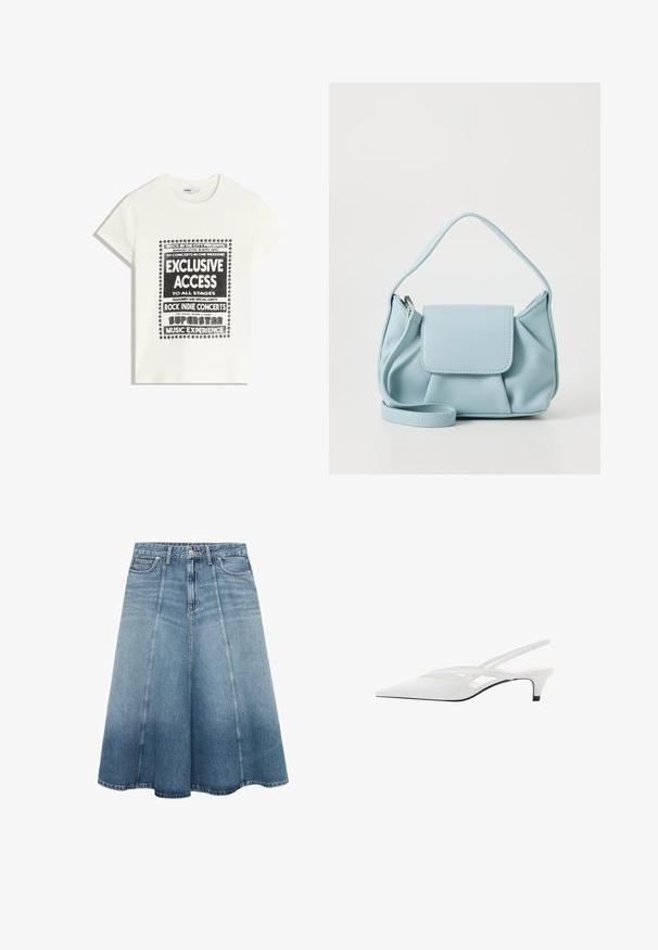 Bela majica s črnim napisom, ki promovira glasbeni dogodek, z besedami "Ekskluziven dostop," "Rock Indie koncerti" in "Superzvezdniška glasbena izkušnja."; Jeans krilo v svetlo modri barvi z razširjenim A-linijskim krojem. Ima visok pas, dve sprednji žep in subtilne šive.; Bela slingback peta z ošiljenim nosom, z gladkim zgornjim delom, subtilnimi izrezi in nizkim blok petkom. Črna podplat poudarja dizajn.; Svetlo modra usnjena torbica z zgornjim ročajem, sprednjim žepom s preklopom in odstranljivim zapestnim trakom na beli podlagi.