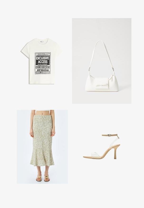 Maglietta bianca con testo nero che promuove un evento musicale, con le scritte "Accesso Esclusivo", "Concerti Rock Indie" e "Esperienza Musicale da Superstar".; Koton MIDI - Gonna a campana - green; Sandal con tacco trasparente e parte superiore trasparente, plantare beige e una sottile cinghia alla caviglia. Presenta una punta appuntita e un tacco alto e sottile.; Borsa sintetica bianca a forma triangolare, con patta anteriore piatta e dettaglio a fiocco, tracolla regolabile, texture liscia e design minimalista.
