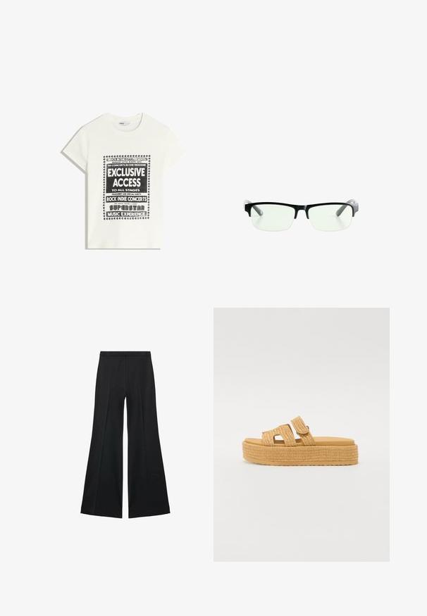 Bela majica s črnim napisom, ki promovira glasbeni dogodek, z besedami "Ekskluziven dostop," "Rock Indie koncerti" in "Superzvezdniška glasbena izkušnja."; Črne široke hlače z gladko teksturo, ki imajo sprednje nabore in kroj po meri. Tkanina je lahka in zračna.; Steve Madden BIGMISSILE - Copati - beige; Črne pravokotne očala z prozornimi lečami, ki imajo elegantne črne okvirje in siva prozorna ročaja. Minimalistična zasnova, brez vidne blagovne znamke.; Svetlo siva usnjena torbica s ukrivljeno obliko, zlato kovinsko dodatki, sprednji sponka in šivani detajli. Vključena nastavljiva naramnica.