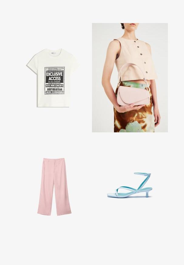 Vit t-shirt med svart text som främjar ett musikevenemang, med inskriptionerna "Exklusiv Tillgång", "Rock Indie-konserter" och "Superstar Musikupplevelse."; Ljust rosa vida byxor i mjukt tyg. Har en strukturerad midja och raka, flödande ben, utan synliga mönster eller hårdvara.; Ljusblå remsandaler med fyrkantig tå, låg klack, justerbar vristrem och slät, glänsande yta. Tvärgående remmar på sula.; Rosa läderhandväska med en böjd klaff, enkel axelrem och rena linjer. Väskan har en slät yta och en minimalistisk design.