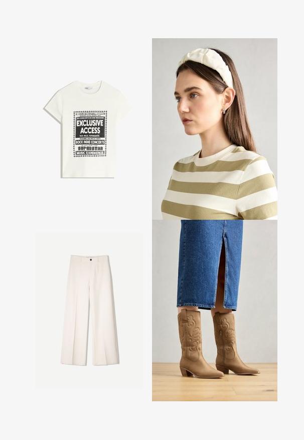 Vit t-shirt med svart text som främjar ett musikevenemang, med inskriptionerna "Exklusiv Tillgång", "Rock Indie-konserter" och "Superstar Musikupplevelse."; Krämfärgade byxor med vida ben och skräddarsydd design, med två framfickor och en enda knappstängning fram, tillverkade av ett smidigt tyg.; Tan västerlänsk stil stövlar med dekorativt broderi, spetsig tå och klossad häl. Bärs med en knälång jeanstol som visar stövlarna.; Krämfärgad vadderad huvudband med vriden design, i kombination med en beige och vit randig skjorta med rund halsringning. Diskreta smyckeakcenter.