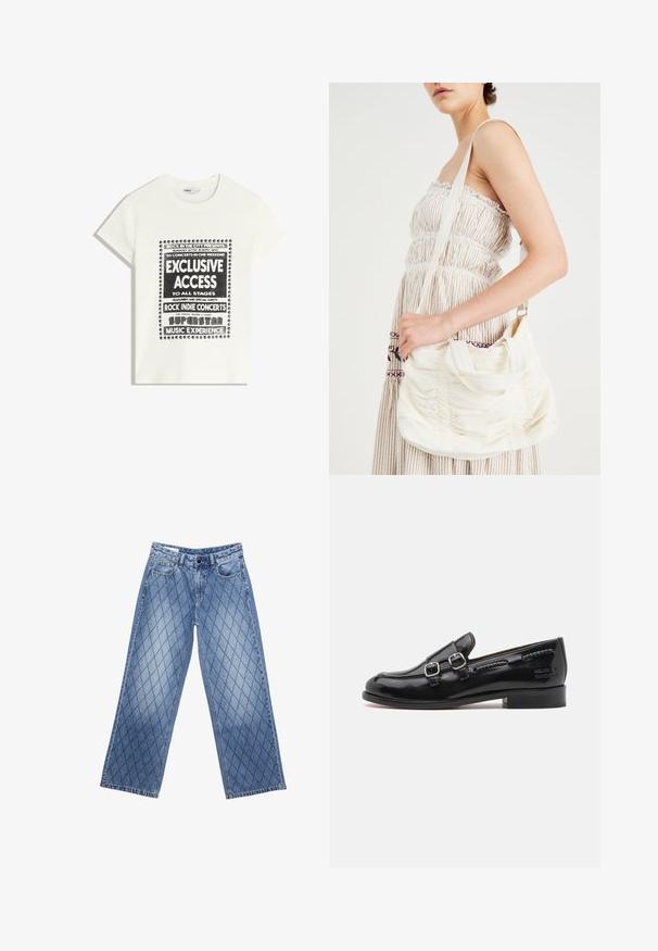 Bílý tričko s černým textem propagující hudební akci, obsahující "Exkluzivní přístup", "Rockové indie koncerty" a "Superstar hudební zážitek."; Džíny s širokými nohavicemi v světle modré barvě s prošívaným diamantovým vzorem, s pěti kapsami a zapínáním na knoflík v pase.; Černé lakované kožené mokasíny se dvěma stříbrnými sponami, mírně zaoblenou špičkou a nízkým klínovým podpatkem. Texturované švy po celém svršku.; Bílá textilní taška přes rameno se shromážděnou texturou, nastavitelným popruhem a stříbrným kováním. Vyložená vedle krémových šatů.; Tři sponky do vlasů: jedna černobíle mramorovaná, dvě želvovinové v hnědých a černých odstínech, všechny vyrobené z lesklého plastu s texturovaným povrchem.