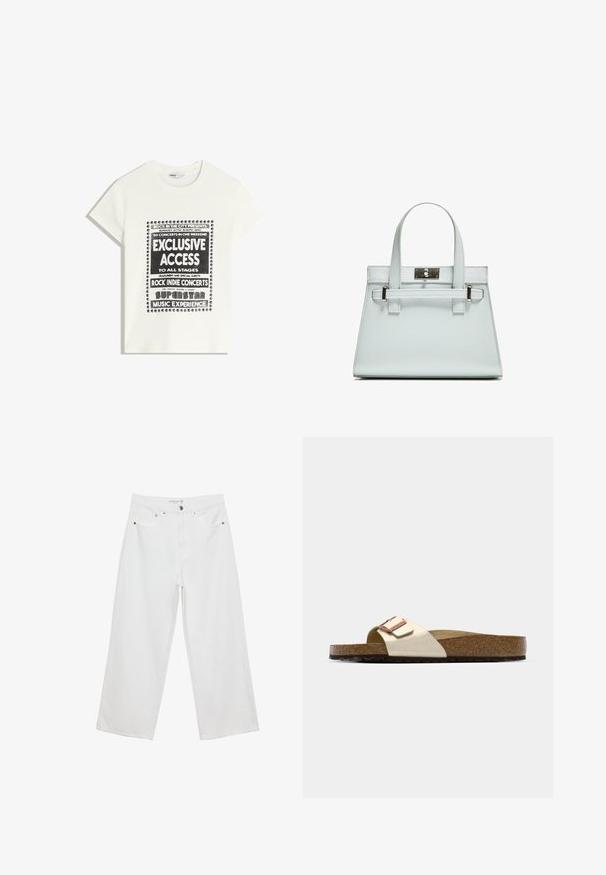 Biała koszulka z czarnym napisem promującym wydarzenie muzyczne, z hasłami "Ekskluzywny Dostęp", "Koncesje Rock Indie" i "Superstar Music Experience."; Białe spodnie dżinsowe w stylu szerokich nogawek z wysokim stanem, wyposażone w pięć kieszeni i metalowe akcenty. Gładka struktura, bez widocznych wzorów.; Sandały typu slide z lekkim metalicznym wierzchem, korkową wkładką i teksturowaną brązową gumową podeszwą. Detal z klamrą z akcentem logo.; Jasnoniebieska torebka o strukturalnym designie, z dwoma uchwytami i zapięciem w srebrnym odcieniu. Teksturowany materiał i ostre krawędzie.