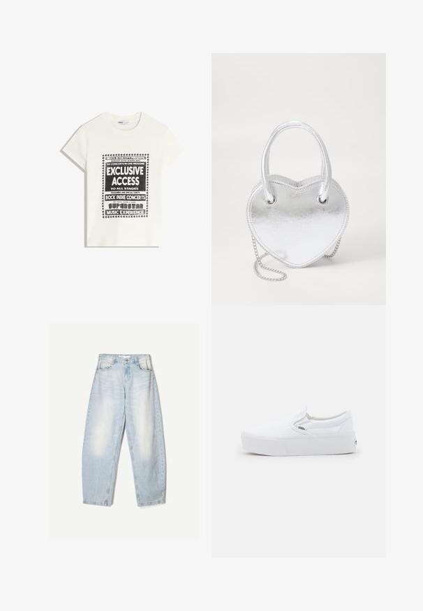 Maglietta bianca con testo nero che promuove un evento musicale, con le scritte "Accesso Esclusivo", "Concerti Rock Indie" e "Esperienza Musicale da Superstar".; Jeans in denim azzurro chiaro con una vestibilità ampia, caratterizzati da una finitura sbiadita, due tasche frontali e una chiusura con bottone in vita.; Sneaker slip-on bianco Vans con suola spessa e etichetta del logo discreta sul lato, mostrata di profilo su uno sfondo chiaro e semplice.; Borsa a forma di cuore in metallo argento con doppi manici, tracolla a catena e texture liscia. Presenta finiture in metallo e bordi cuciti.