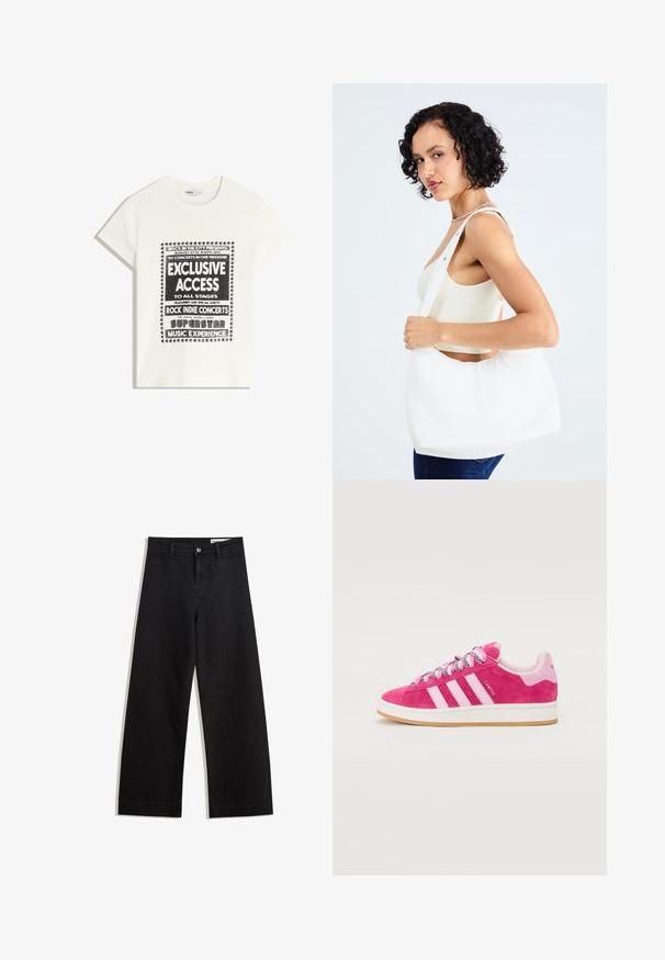 Fehér póló fekete felirattal, amely egy zenei eseményt népszerűsít, benne az "Exkluzív Hozzáférés", "Rock Indie Koncertek" és "Szupersztár Zenei Élmény" szöveggel.; Fekete, bő szabású farmernadrág magas derékkal, elülső és hátsó zsebekkel, varrott felületekkel és gombos záródással. Sima textúra.; Rózsaszín velúr sportcipő fehér részletekkel, három fehér csíkkal. Vastag fehér gumitalp, párnázott cipőgumi és mintás fűzők.; Fehér válltáska sima anyagból, ovális kivágással és széles pánttal. Egyszerű és modern, látható hardver nélkül.