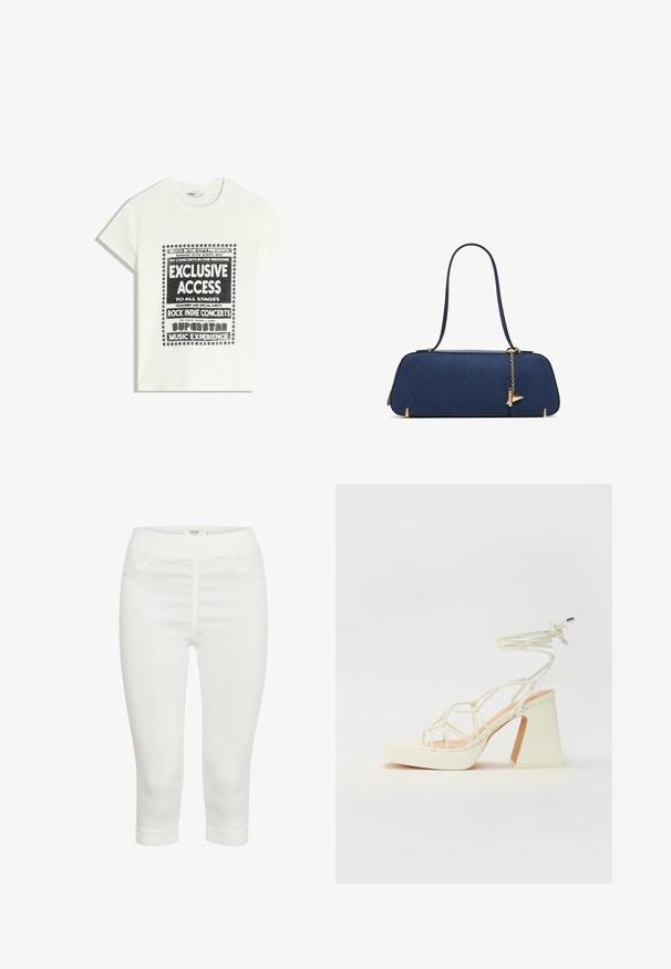 Witte t-shirt met zwarte tekst ter promotie van een muziek evenement, met de opschriften "Exclusieve Toegang," "Rock Indie Concerten," en "Superster Muziekervaring."; Witte capri-broeken van rekbaar materiaal, met een gladde textuur, twee voorkwalme zakken en een comfortabele elastische tailleband.; Witte hoge hakken sandaal met een chunky hak, met een bandjesontwerp en enkelband. Gladde textuur met een plateau voor extra hoogte.; ALDO THALELI - Handtas - navy
