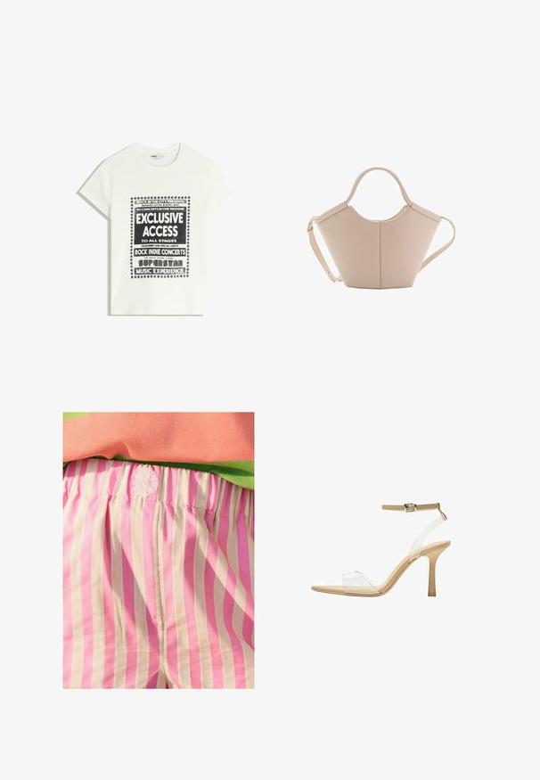 Weißes T-Shirt mit schwarzem Text zur Bewerbung eines Musikevents, mit den Aufdrucken "Exklusiver Zugang", "Rock Indie Konzerte" und "Superstar Musikerlebnis."; Hochtaillierte Stoffshorts mit rosa und crème gestreift und elastischem Bund. Verziert mit gesticktem Logo auf dem Bund. Glatte Textur.; Durchsichtige Sandale mit transparentem Obermaterial, beigem Fußbett und einem schlanken Knöchelriemen. Sie hat eine spitz zulaufende Zehenpartie und einen dünnen, hohen Absatz.; Beige Lederhandtasche mit einer einzigartigen Form, die zwei kurze Henkel und einen langen verstellbaren Riemen aufweist. Glatte Textur mit minimalen Hardware-Elementen.
