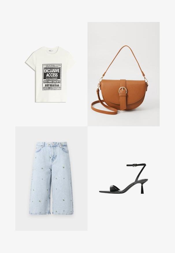 Fehér póló fekete felirattal, amely egy zenei eseményt népszerűsít, benne az "Exkluzív Hozzáférés", "Rock Indie Koncertek" és "Szupersztár Zenei Élmény" szöveggel.; Világoskék farmer rövidnadrág virágos hímzéssel, amelyen margaréták és zöld levelek találhatók. Klasszikus öt zsebes dizájn és rojtos szegély.; Bershka Magas sarkú szandálok - black; Barna bőr keresztbody táska ívelt formával, aranyszínű fémrészekkel és csat díszítéssel. Levehető vállpánttal rendelkezik.