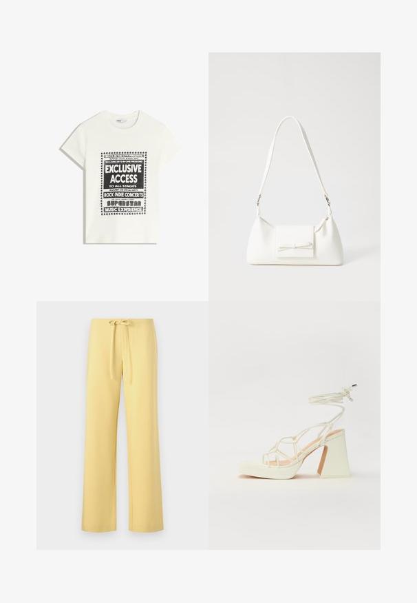 T-shirt blanche avec du texte noir promouvant un événement musical, comportant "Accès Exclusif", "Concerts Rock Indie" et "Expérience Musicale Superstar."; Pantalons jaunes légers en mélange de coton avec une taille élastique à cordon, des jambes droites et sans motifs ni accents visibles.; Sandale blanche à talons hauts avec un talon épais, présentant un design à lanières et un lien autour de la cheville. Texture lisse avec une plateforme à l'avant pour une hauteur supplémentaire.; Sac à main synthétique blanc en forme triangulaire, avec un rabat avant plat et un détail en nœud, une bandoulière ajustable, une texture lisse et un design minimaliste.