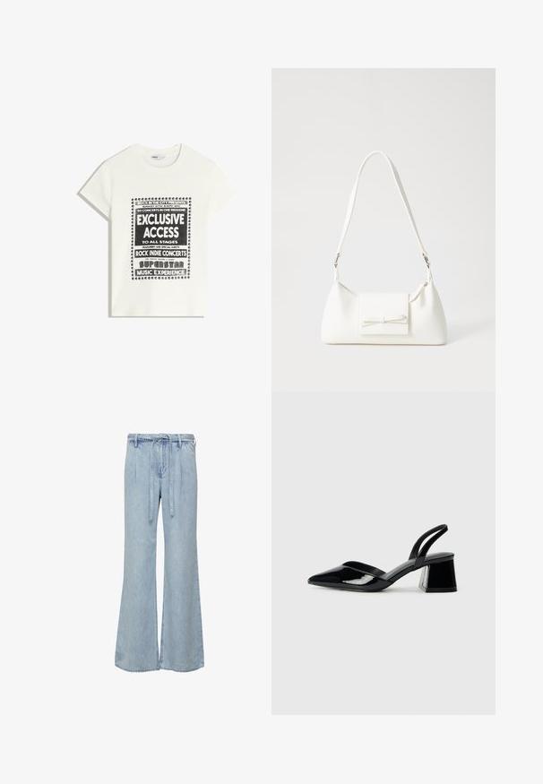 T-shirt blanche avec du texte noir promouvant un événement musical, comportant "Accès Exclusif", "Concerts Rock Indie" et "Expérience Musicale Superstar."; Jeans larges bleu clair en denim. Dotés d'une taille à cordon et d'une coupe détendue avec des décolorations subtiles et des détails de couture.; Escarpins en cuir verni noir avec bout pointu et talon bloc géométrique. Présente un design élégant et minimaliste ainsi qu'une texture lisse.; Sac à main synthétique blanc en forme triangulaire, avec un rabat avant plat et un détail en nœud, une bandoulière ajustable, une texture lisse et un design minimaliste.