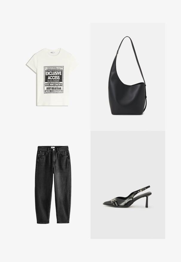 T-shirt blanche avec du texte noir promouvant un événement musical, comportant "Accès Exclusif", "Concerts Rock Indie" et "Expérience Musicale Superstar."; Jean en denim noir avec une coupe droite, cinq poches et fermeture à bouton. Présente un léger délavage et des détails de couture. Design décontracté.; Chaussure slingback en cuir verni noir avec un embout pointu, des brides de cheville avec des boucles en argent et des éléments en métal, et un talon fin.; Sac hobo en cuir noir avec une texture lisse, une forme incurvée et une seule sangle réglable ; dispose d'une large ouverture en haut.
