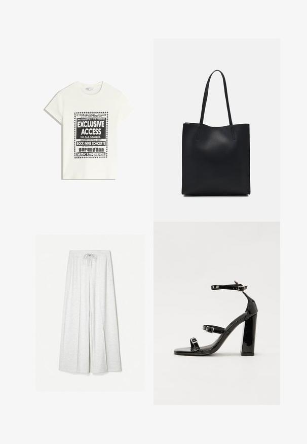 Bílý tričko s černým textem propagující hudební akci, obsahující "Exkluzivní přístup", "Rockové indie koncerty" a "Superstar hudební zážitek."; Světle šedé široké kalhoty vyrobené z měkké látky, s elastickým pasem a stahovací šňůrkou, a předními kapsami.; Černé lakované sandály na podpatku se čtveratou špičkou, lýtkovými pásky a stříbrnými přezkami. Disponují masivním blokovým podpatkem pro stabilitu.; Černá kožená taška přes rameno s hladkým povrchem, obdélníkovým tvarem a dvěma dlouhými uchy. Žádné viditelné kování ani ozdoby.