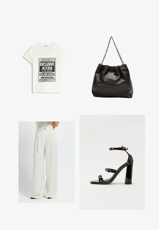 White t-shirt with black text promoting a music event, featuring "Exclusive Access," "Rock Indie Concerts," and "Superstar Music Experience."; Wide-leg trousers in white fabric, featuring a high waist, front pleats, and a gold button closure. Smooth texture with a tailored fit.; Black patent heeled sandals with a square toe, ankle straps, and silver buckles. Features a chunky block heel for stability.; Brown leather bag with a gathered top and a chain strap. Smooth texture with a glossy finish and subtle seam detailing on the sides.
