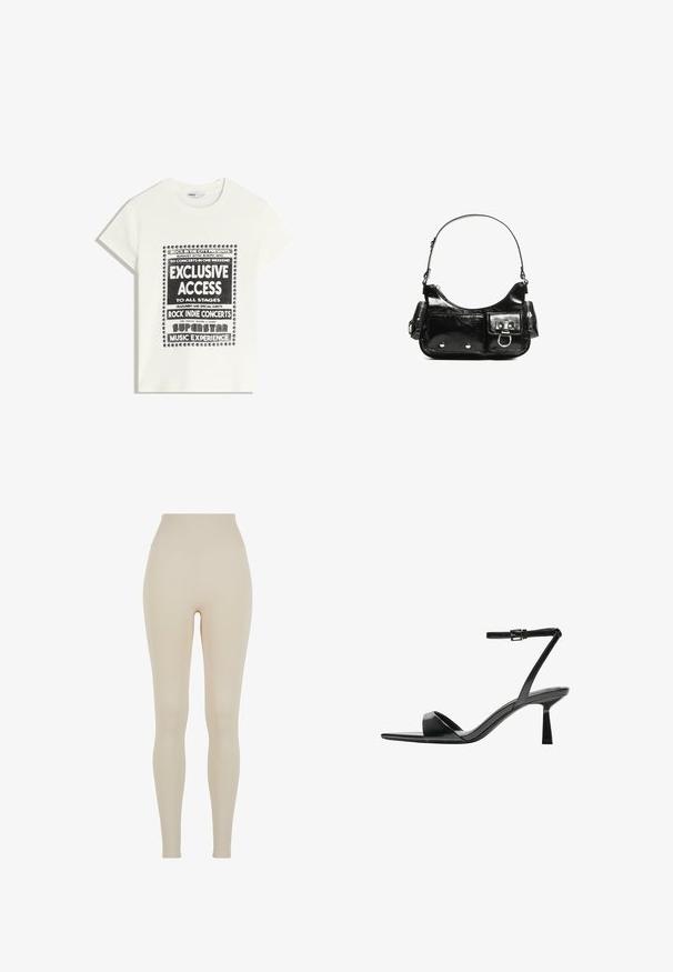 Bijela majica s crnim natpisom koja promiče glazbeni događaj, s natpisima "Ekskluzivni Pristup", "Rock Indie Koncerti" i "Superstar Glazbeno Iskustvo."; Bež tajice napravljene od elastične tkanine s visokim pojasom; glatka tekstura, prilagođen silueti, bez vidljivih uzoraka ili detalja od hardvera.; Bershka Sandale s visokom petom - black; Crna patentna kožna torba s zakrivljenim oblikom, jednim remenom za rame, prednjim džepovima i akcentima od srebrnog tona.
