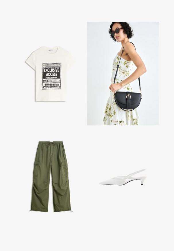 Bijela majica s crnim natpisom koja promiče glazbeni događaj, s natpisima "Ekskluzivni Pristup", "Rock Indie Koncerti" i "Superstar Glazbeno Iskustvo."; Maslinaste zelje cargo hlače s elastičnim pojasom, zatvaranjem na vezicu, bočnim džepovima s preklopom i podešivim završecima, položene ravno na bijeloj podlozi.; Bijela slingback potpetica s oštrom punta, koja ima glatki gornji dio, suptilne izreze i nisku blok potpeticu. Crna potplata naglašava dizajn.; Crna kožna torba s lukovitim oblikom, odvojivim remenom i zlatnim detaljima. Torba ima preklop s kopčom.