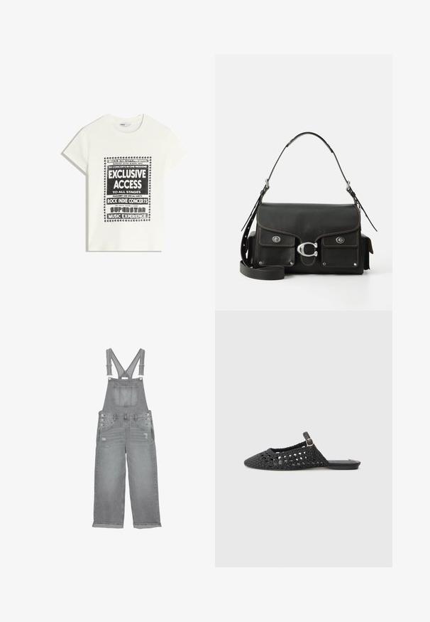 Witte t-shirt met zwarte tekst ter promotie van een muziek evenement, met de opschriften "Exclusieve Toegang," "Rock Indie Concerten," en "Superster Muziekervaring."; Grijze denim tuinbroeken met verstelbare banden, een borstzak aan de voorkant, zijknopen en versleten details op de benen.; Zwarte gevlochten slingback schoen met een puntige neus, gestructureerd materiaal, zijgespeldetail en platte zool.; Zwarte leren handtas met een klep-sluiting, zilverkleurige hardware, twee voorzakken, contrasterende stiksels en een afneembare schouderriem.