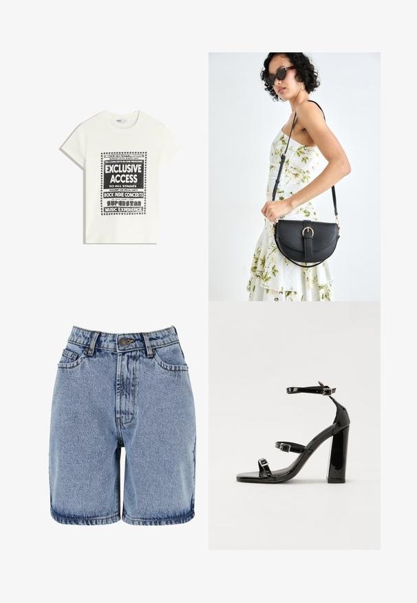 Bijela majica s crnim natpisom koja promiče glazbeni događaj, s natpisima "Ekskluzivni Pristup", "Rock Indie Koncerti" i "Superstar Glazbeno Iskustvo."; Traper šorts s svijetloplavim pranjem, pet džepova, vidljivim šavovima i kopčanjem na dugme, s ravnim krojem i preklopljenim rubom.; Crne lakirane sandale na pete sa kvadratnim nosom, trakama oko gležnja i srebrnim kopčama. Imaju čvrst blok petu za stabilnost.; Crna kožna torba s lukovitim oblikom, odvojivim remenom i zlatnim detaljima. Torba ima preklop s kopčom.