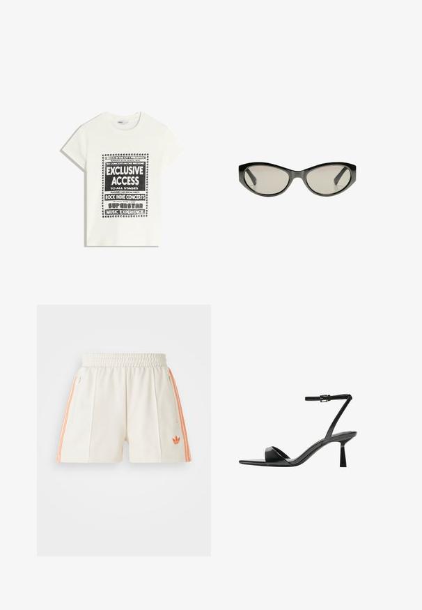Biela tričko s čiernym textom propagujúcim hudobnú udalosť, ktorý obsahuje "Exkluzívny prístup", "Rock Indie koncerty" a "Superstar hudobný zážitok."; Biele športové šortky s elastickým pásom, so sladovými oranžovými pruhmi po stranách a výšivkou loga na ľavom leme. Hladká tkanina.; Bershka Sandále na vysokom opätku - black; Čierne slnečné okuliare v tvare mačacích očí so šedými tónovanými sklami. Plastový rám má ostré hrany a hladký, lesklý povrch.