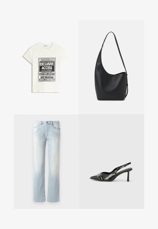 Bijela majica s crnim natpisom koja promiče glazbeni događaj, s natpisima "Ekskluzivni Pristup", "Rock Indie Koncerti" i "Superstar Glazbeno Iskustvo."; Svijetloplave traperice s ravnim krojem, s izbleđenjem, pet džepova i prednjim zatvaranjem na dugme.; Crna lakirana slingback cipela s izduženim vrhom, remenčićima oko gležnja s srebrnim kopčama i dijelovima, te vitkim potplatom.; Crna kožna hobo torba s glatkom teksturom, zakrivljenim oblikom i jednom podesivom trakicom; ima širok otvor na vrhu.