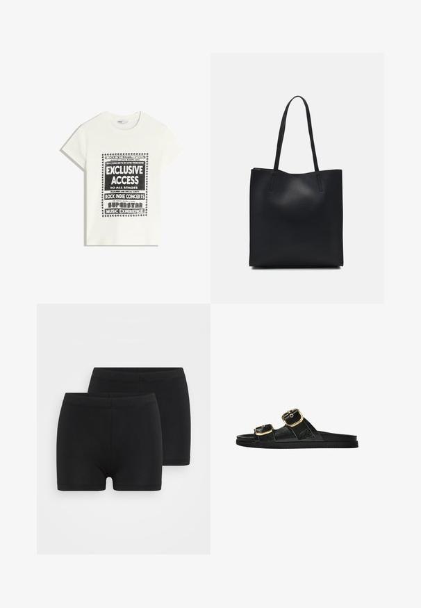 Tricou alb cu text negru care promovează un eveniment muzical, având inscripțiile "Acces Exclusiv", "Concerte Rock Indie" și "Experiența Muzicală a Superstarurilor".; Şorturi negre din bumbac cu un talie elastică, având o textură netedă și un design simplu, aerodinamic. Pachetul include două perechi.; Sandalie negre cu toc plat, cu două accente de cataramă aurie, din material texturat neted și design minimalist.; Geantă tote neagră din piele, cu textură netedă, formă rectangulară și două mânere lungi. Fără hardware vizibil sau ornamente.