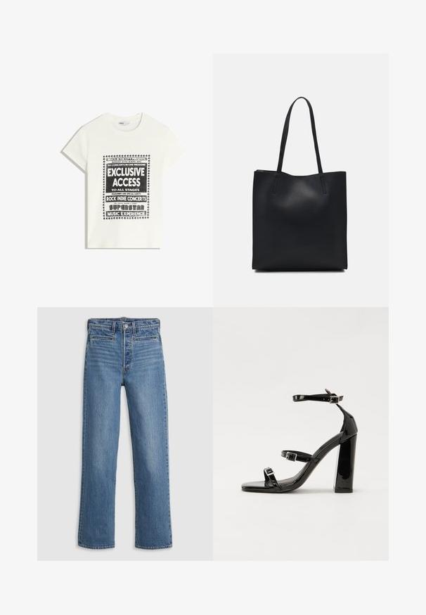 Bílý tričko s černým textem propagující hudební akci, obsahující "Exkluzivní přístup", "Rockové indie koncerty" a "Superstar hudební zážitek."; Světle modré džíny se rovnými nohavicemi vyrobené z denimu. Mezi vlastnosti patří zapínání na knoflíky, pět kapes a jemné blednutí. Bez ozdob či vzorů.; Černé lakované sandály na podpatku se čtveratou špičkou, lýtkovými pásky a stříbrnými přezkami. Disponují masivním blokovým podpatkem pro stabilitu.; Černá kožená taška přes rameno s hladkým povrchem, obdélníkovým tvarem a dvěma dlouhými uchy. Žádné viditelné kování ani ozdoby.