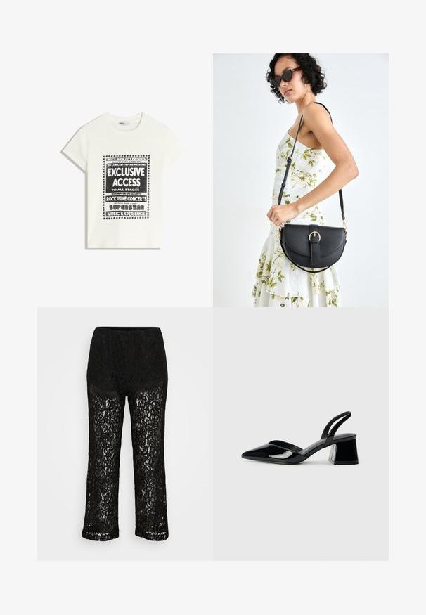 Fehér póló fekete felirattal, amely egy zenei eseményt népszerűsít, benne az "Exkluzív Hozzáférés", "Rock Indie Koncertek" és "Szupersztár Zenei Élmény" szöveggel.; Fekete csipkés, bő szárú nadrág opálos alsónemű béléssel, virágmintával és rugalmas derékpánttal, egyszínű háttér előtt.; Fekete lakk bőr szandálkés magas sarkú cipő, hegyes orral és geometrikus tömbsarkakkal. Karcsú, minimalista dizájn és sima textúra jellemzi.; Fekete bőrtáska ívelt formával, levehető pánttal és arany színű fémrészekkel. A táskán egy csattal díszített fedél található.