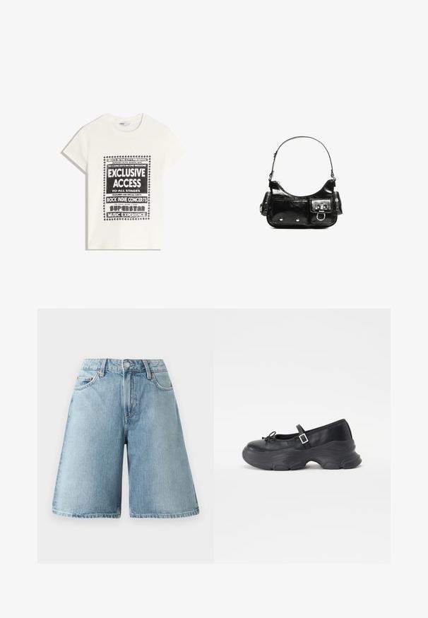 White t-shirt with black text promoting a music event, featuring "Exclusive Access," "Rock Indie Concerts," and "Superstar Music Experience."; Light blue denim shorts with a loose fit, mid-rise waist, five pockets, and contrasting stitch details. The fabric has a soft texture.; Black leather Mary Jane shoe with a rounded toe, bow detail, and an adjustable ankle strap. Features a chunky rubber sole with curved accents.; Black patent leather handbag with a curved shape, one shoulder strap, front pockets, and silver-tone hardware accents.
