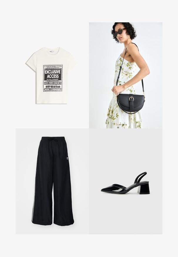 Fehér póló fekete felirattal, amely egy zenei eseményt népszerűsít, benne az "Exkluzív Hozzáférés", "Rock Indie Koncertek" és "Szupersztár Zenei Élmény" szöveggel.; Fekete, bő szabású nadrág, könnyű anyagból készült. Rugalmas derékkal, zsinórral és fehér oldalcsíkokkal rendelkezik. Márkalogó a csípőn.; Fekete lakk bőr szandálkés magas sarkú cipő, hegyes orral és geometrikus tömbsarkakkal. Karcsú, minimalista dizájn és sima textúra jellemzi.; Fekete bőrtáska ívelt formával, levehető pánttal és arany színű fémrészekkel. A táskán egy csattal díszített fedél található.