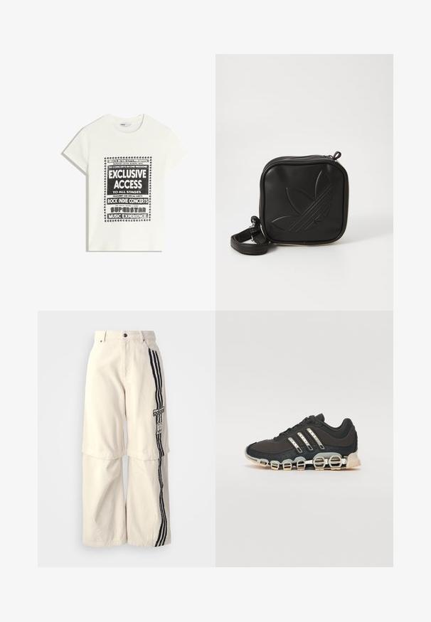 Bílý tričko s černým textem propagující hudební akci, obsahující "Exkluzivní přístup", "Rockové indie koncerty" a "Superstar hudební zážitek."; Béžové kalhoty s širokými nohavicemi vyrobené z bavlny, se černým třemi pruhy designem na boku a nášivkou Adidas na stehně.; Černá atletická bota s texturovaným svrškem, třemi stříbrnými pruhy a výraznou odpruženou podrážkou se spoustou integrovaných sekcí.; Černá crossbody taška vyrobená z texturovaného syntetického materiálu. Obsahuje embosované logo a nastavitelné popruhy. Zapínání na zip.