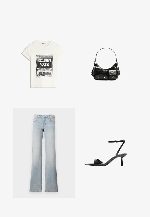 Bela majica s črnim napisom, ki promovira glasbeni dogodek, z besedami "Ekskluziven dostop," "Rock Indie koncerti" in "Superzvezdniška glasbena izkušnja."; Svetlo modri samostojni traper hlače z bledečo obdelavo, petimi žepi in gumbom za zapiranje. Tkanina ima gladko teksturo in rahlo raztegljivost.; Bershka Sandali z visoko peto - black; Črna lakasta usnjena torbica s ukrivljeno obliko, enim ramenskim trakom, sprednjimi žepi in srebrnimi kovinskimi dodatki.