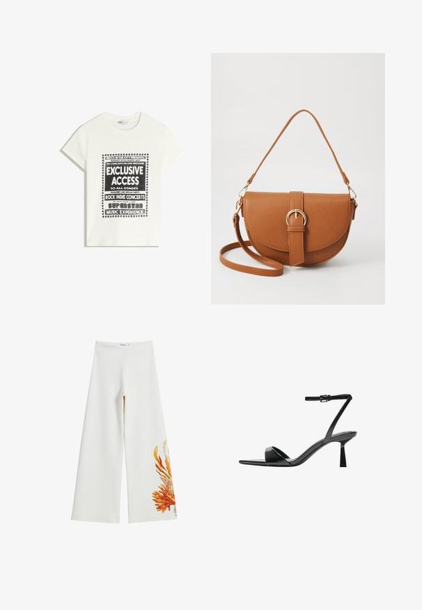Witte t-shirt met zwarte tekst ter promotie van een muziek evenement, met de opschriften "Exclusieve Toegang," "Rock Indie Concerten," en "Superster Muziekervaring."; Wijdvallende, witte broeken van zachte stof, met een kleurrijk koraalontwerp aan één zijde. Glad oppervlak met een nette afwerking.; Bershka Sandalen met hoge hak - black; Bruine leren schoudertas met een gebogen vorm, gouden hardware en een gespaccent. Bevat een afneembare schouderriem.