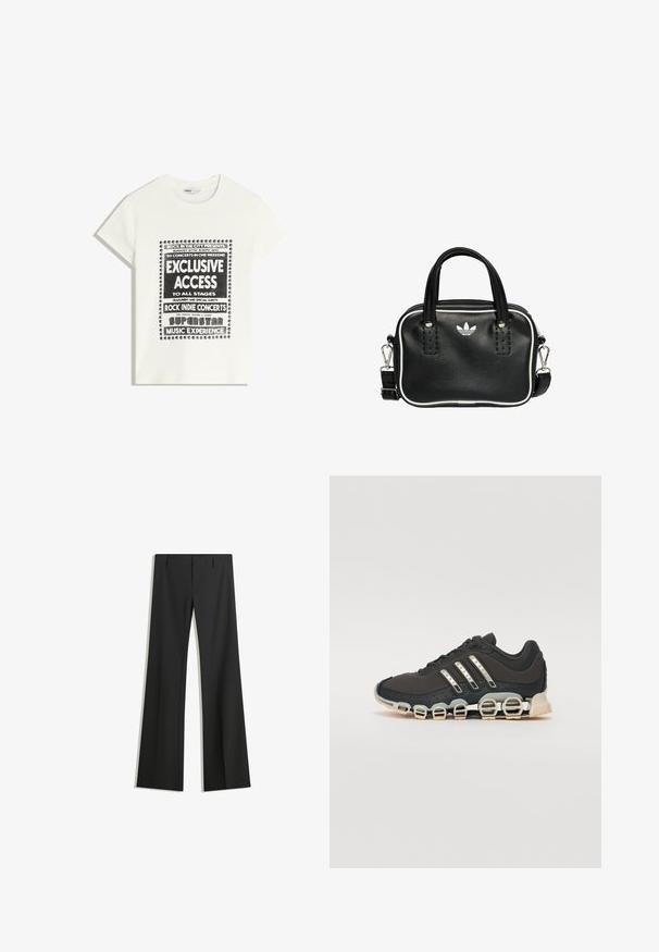 Bijela majica s crnim natpisom koja promiče glazbeni događaj, s natpisima "Ekskluzivni Pristup", "Rock Indie Koncerti" i "Superstar Glazbeno Iskustvo."; Crne široke hlače napravljene od glatkog materijala, s visokim strukom i čistim linijama, bez vidljivih uzoraka ili ukrasa.; Crne atletske tenisice s teksturiranim gornjim dijelom, tri srebrne pruge i posebnim potplatom s višestrukim integriranim sekcijama.; Crna kožna torba s dva kratka ručka, srebrnim detaljima, bijelim naglascima i bijelim logotipom. Ima teksturiranu površinu i kompaktni dizajn.