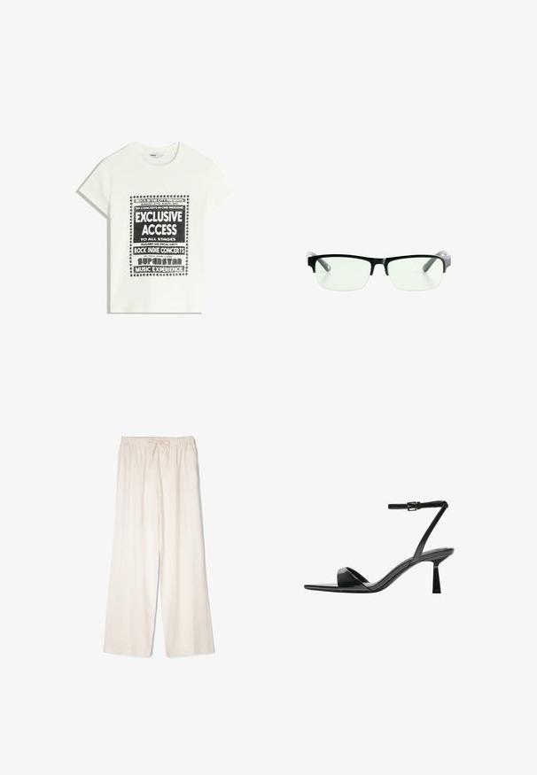 Tricou alb cu text negru care promovează un eveniment muzical, având inscripțiile "Acces Exclusiv", "Concerte Rock Indie" și "Experiența Muzicală a Superstarurilor".; Pantaloni largi din in de culoare bej deschis, cu talie ajustabilă prin sfoară, textură moale și design minimalist, potriviți pentru ținute casuale.; Bershka Sandale cu toc - black; Ochelari de vedere rectangulari negri, cu lentile clare, având rame negre elegante și vârfuri de brad transparente gri. Design minimalist, fără marcaje vizibile.