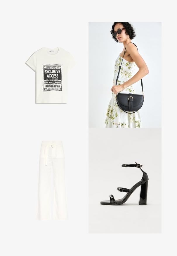 T-shirt blanche avec du texte noir promouvant un événement musical, comportant "Accès Exclusif", "Concerts Rock Indie" et "Expérience Musicale Superstar."; Pantalons larges blancs en coton. Comprend une taille haute, une ceinture avec une boucle en métal argenté, et deux poches avant avec une texture lisse.; Sandales à talons hauts en cuir verni noir avec deux brides à boucles, bout carré et talon bloc épais, présentant une texture lisse et brillante.; Sac à main en cuir noir avec une forme courbée, bandoulière amovible et des accessoires en or. Le sac est doté d'un rabat avec un détail de boucle.