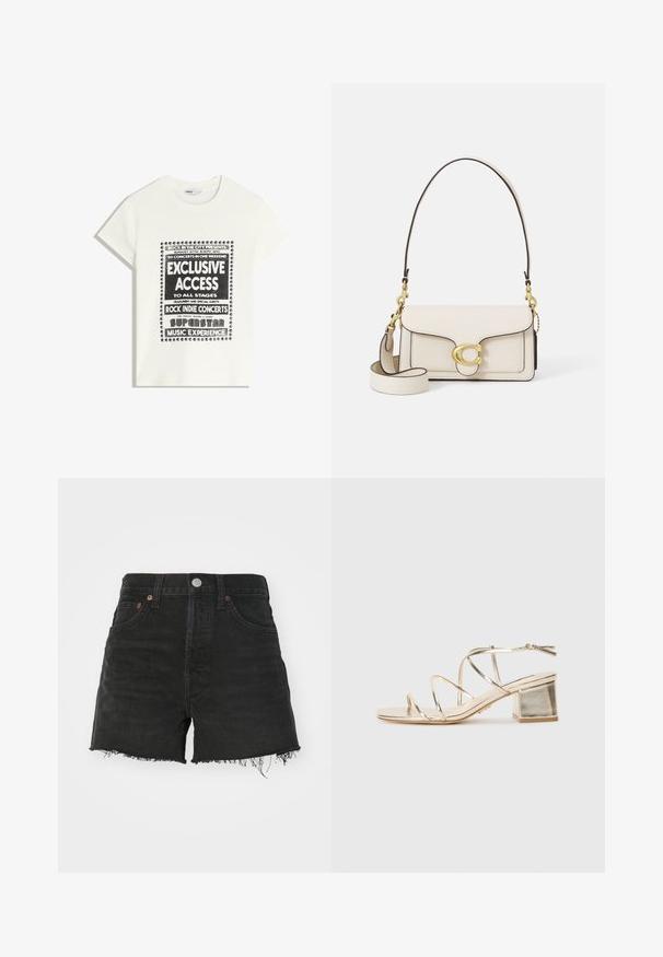 Maglietta bianca con testo nero che promuove un evento musicale, con le scritte "Accesso Esclusivo", "Concerti Rock Indie" e "Esperienza Musicale da Superstar".; Bermuda in denim nero con vita alta, orlo sfrangiato e rivetti color rame. Presenta un classico design a cinque tasche e chiusura con bottone.; Sandalo strappy metallico dorato con tacco a blocco quadrato e punta aperta. Caratterizzato da sottili cinturini e una cinghia sulla caviglia posteriore per la regolazione.; Borsa a mano in pelle crema con un design strutturato, bordi neri a contrasto, hardware dorato e tracolla rimovibile con logo distintivo.