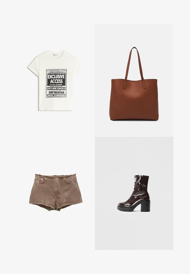 Fehér póló fekete felirattal, amely egy zenei eseményt népszerűsít, benne az "Exkluzív Hozzáférés", "Rock Indie Koncertek" és "Szupersztár Zenei Élmény" szöveggel.; Barna farmer sort, rojtos szegéllyel, öt zsebes kialakítással és fémgomb díszítéssel. Az anyag enyhén kopott, textúrált felületű.; Fényes bordó bokacsizma vastag fekete sarokkal, sima felülettel és egyszerű dizájnnal. Nincsenek látható zárak vagy minták.; Barna bőr vászontáska sima textúrával, nyitott tetejű dizájnnal és két vállpánttal. Minimális varrással és látható hardver nélkül készült.