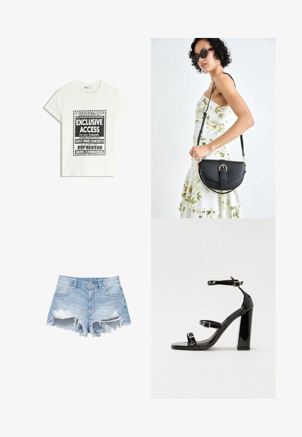 Bílý tričko s černým textem propagující hudební akci, obsahující "Exkluzivní přístup", "Rockové indie koncerty" a "Superstar hudební zážitek."; Svetle modré džíny šortky se zdrsněnými detaily, třepenými lemy a pěti kapsami. Obsahují zapínání na knoflík a poutka na pásek.; Černé lakované sandály na podpatku se čtveratou špičkou, lýtkovými pásky a stříbrnými přezkami. Disponují masivním blokovým podpatkem pro stabilitu.; Černá kožená kabelka s křivkovým tvarem, odnímatelným popruhem a zlatými detaily. Kabelka má klopu s přezkou.