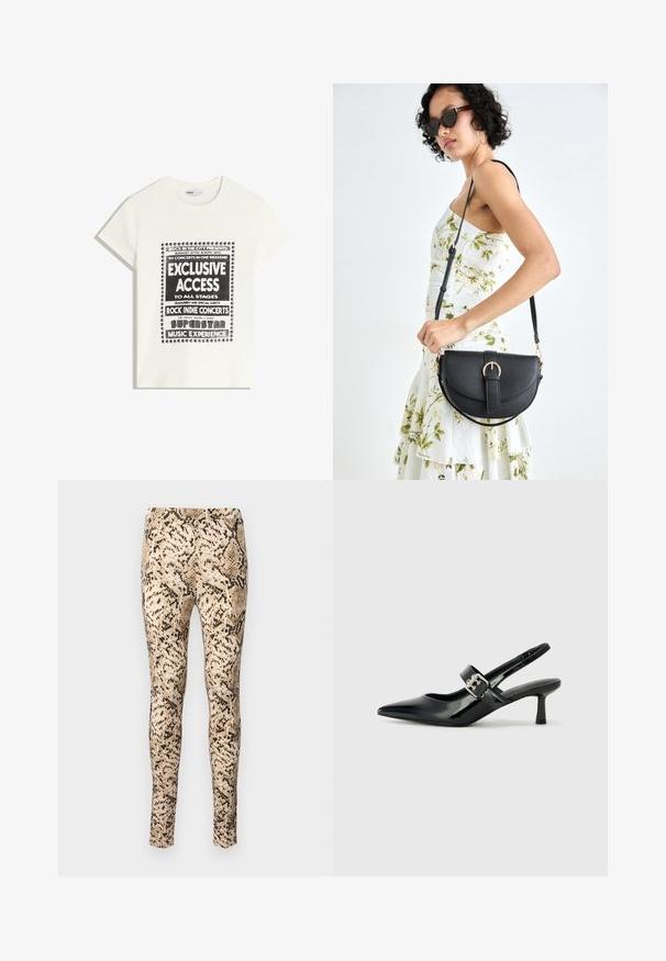 White t-shirt with black text promoting a music event, featuring "Exclusive Access," "Rock Indie Concerts," and "Superstar Music Experience."; Snake print leggings in beige and black with a fitted design, featuring a smooth texture and a stretchy waist for comfort.; Black patent leather slingback heels with a pointed toe and a small block heel, featuring a silver buckle accent on the strap.; Black leather handbag with a curved shape, detachable strap, and gold hardware. The bag features a flap with a buckle detail.