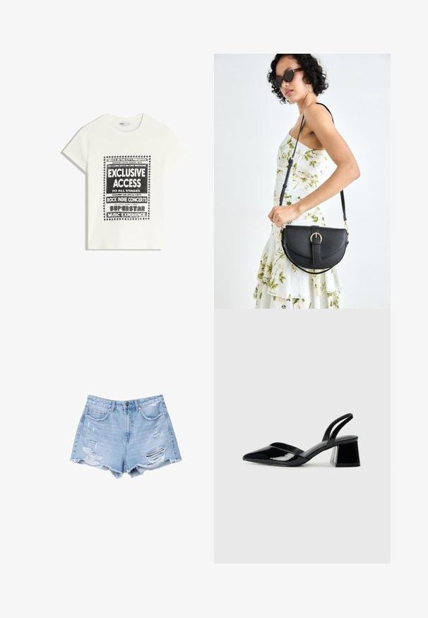 Bela majica s črnim napisom, ki promovira glasbeni dogodek, z besedami "Ekskluziven dostop," "Rock Indie koncerti" in "Superzvezdniška glasbena izkušnja."; Svijetloplave traper kratke hlače s rasparanim rubovima i izlizanim detaljima, s prednjim džepovima i kopčanjem na dugme.; Črne lakirane slingback pete s koničastim nosom in geometrijsko blokasto peto. Imajo eleganten, minimalističen dizajn in gladko teksturo.; Črna usnjena torbica s ukrivljeno obliko, z odstranljivo naramnico in zlatimi dodatki. Torbica ima pokrov s podrobnostmi v obliki zaponke.