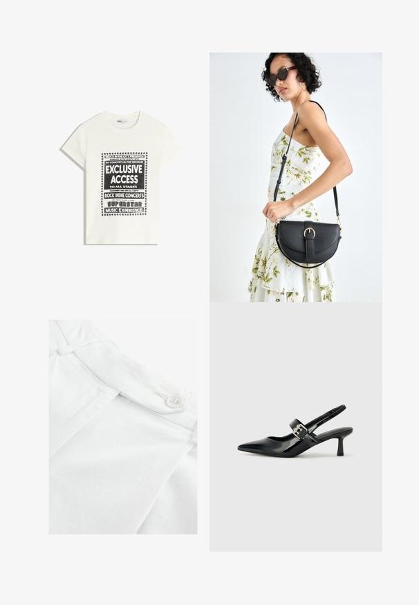 T-shirt blanche avec du texte noir promouvant un événement musical, comportant "Accès Exclusif", "Concerts Rock Indie" et "Expérience Musicale Superstar."; Tissu en coton blanc avec un devant plat, présentant un bouton et un petit plissé au niveau de la taille. Texture lisse, design classique.; Escarpins slingback en cuir verni noir avec un bout pointu et un petit talon bloc, mettant en avant un accent en boucle argentée sur la sangle.; Sac à main en cuir noir avec une forme courbée, bandoulière amovible et des accessoires en or. Le sac est doté d'un rabat avec un détail de boucle.